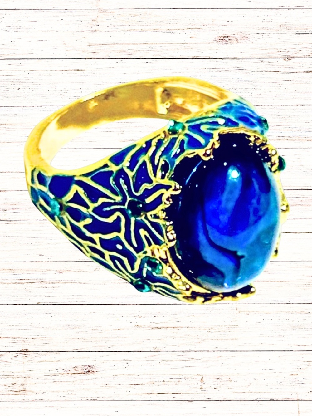 EXQUISITE BLUE STONE DOME RING Y2K Artsy Boho Gold Blue Rhinestone Chips SZ6